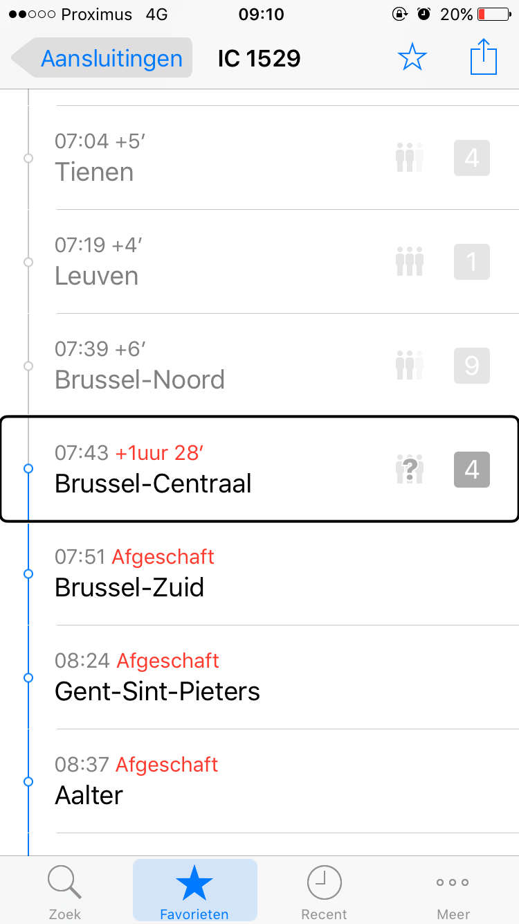Screenshot van Railer app: 1 uur en 28 minuten vertraging bij aankomst in Brussel-Centraal